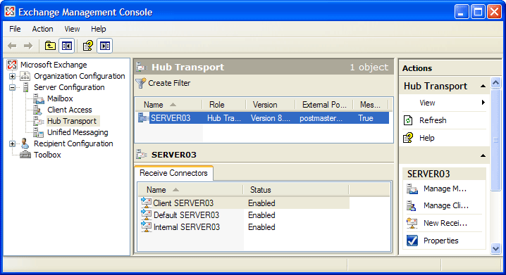 Exchange Management Console – Receive Connectors
