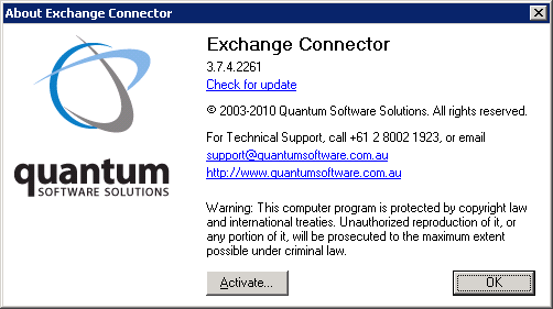 Exchange Connector About Dialog