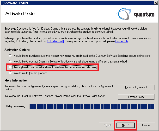 Exchange Connector Activation Wizard � Already Purchased
