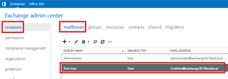 Exchange 2013 Admin Center Mailboxes